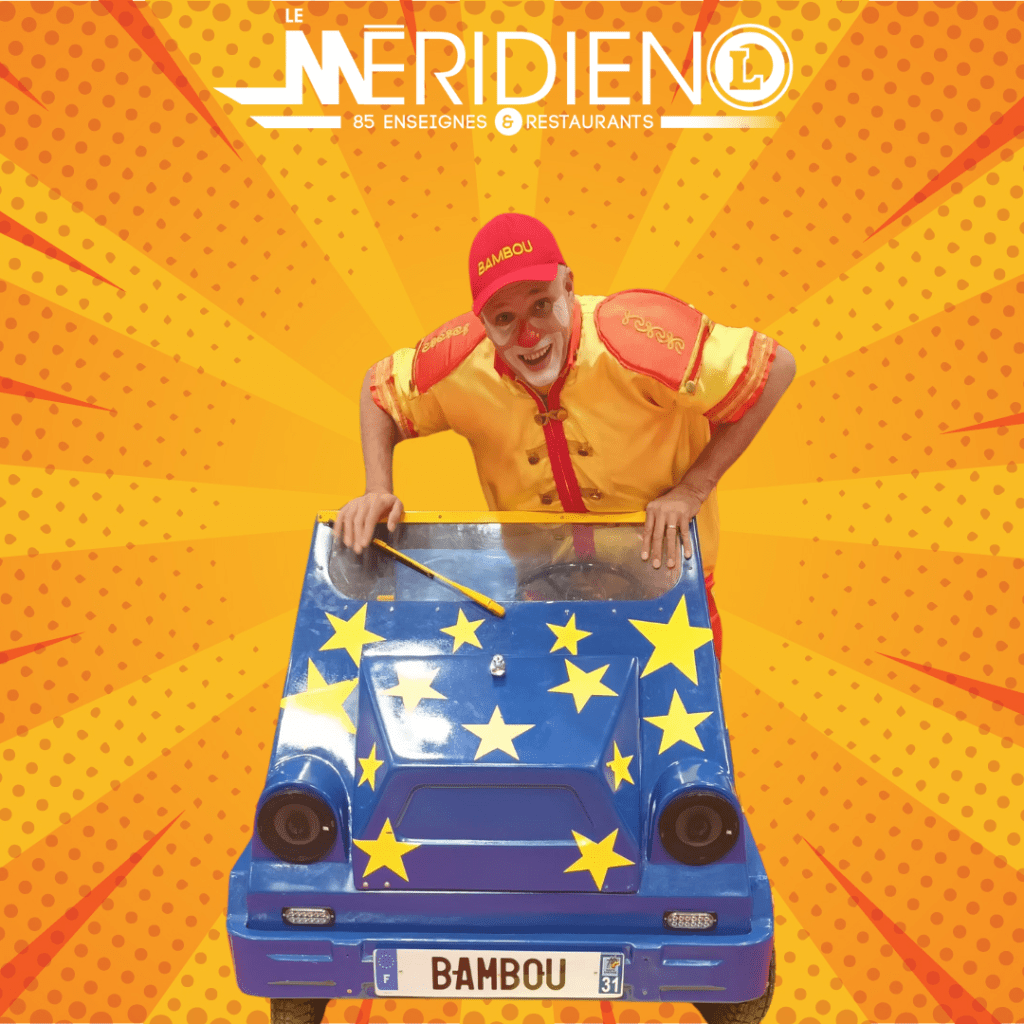 Préparez-vous à une aventure joyeuse et pleine de rires avec BAMBOU le clown et sa voiture rigolote dans votre Centre Commercial Le Méridien !