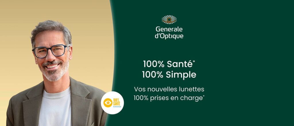 Un homme souriant portant des lunettes, vêtu d’un blazer beige clair et d’un t-shirt, se tient sur un fond dégradé jaune et vert. À droite, le logo Générale d’Optique et le texte : « 100 % Santé, 100 % Simple – Vos nouvelles lunettes 100 % prises en charge ».