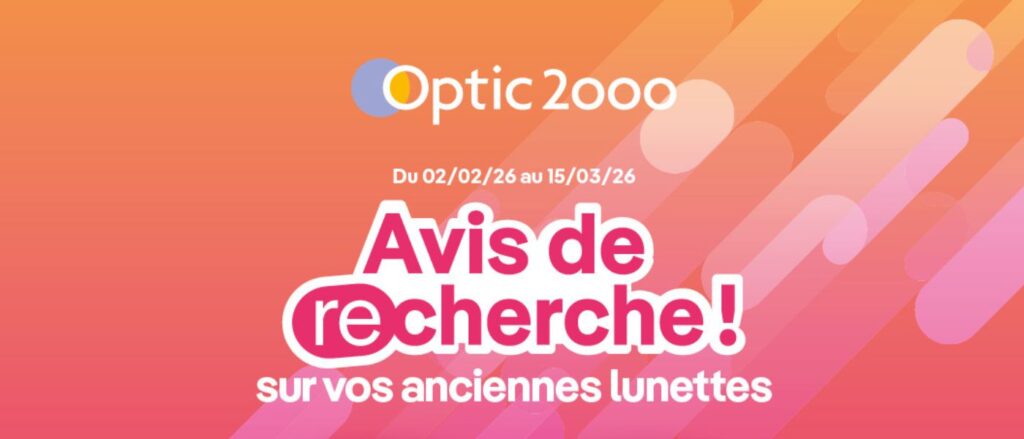 Affiche promotionnelle Optic 2000 annonçant une réduction immédiate de 50 euros en rapportant ses anciennes lunettes dans le cadre du programme Revue – seconde vie, du 2 février au 15 mars 2026.