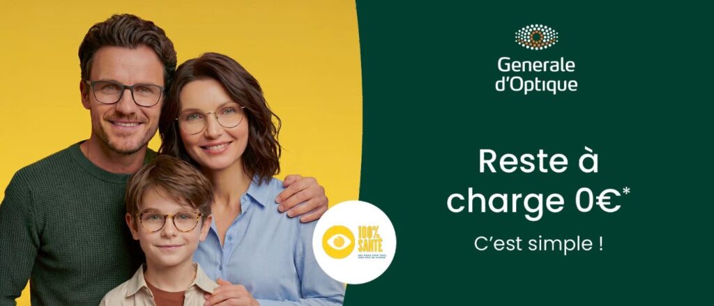 Famille portant des lunettes de vue – offre 100% Santé Générale d’Optique avec reste à charge 0 € pour des lunettes prises en charge par la complémentaire santé.