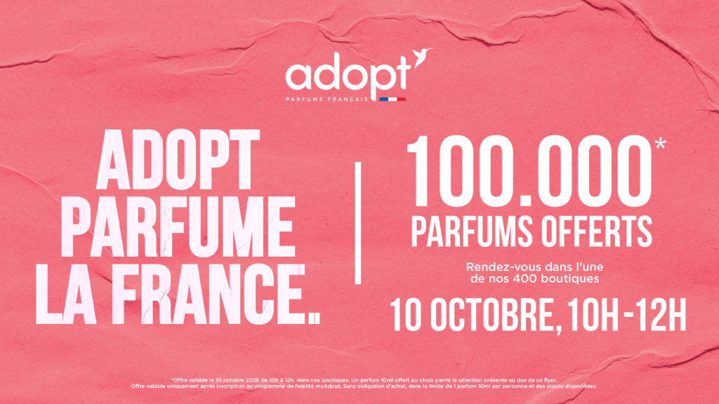Visuel Adopt Parfums Français annonçant une opération spéciale le 10 octobre de 10h à 12h, avec 100 000 parfums offerts dans les boutiques participantes.